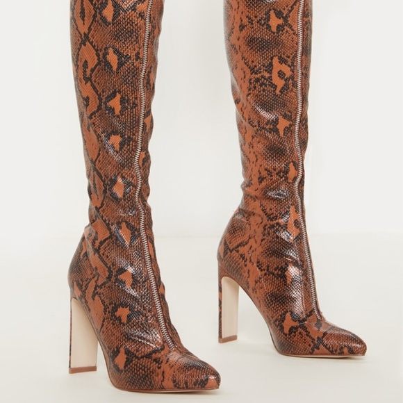 Brown Snake Front Zip Up Thigh High Boots Thigh High Vegan Size 8 - Picture 3 of 10